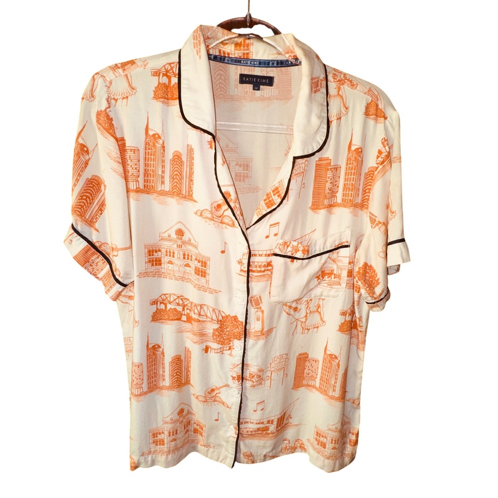 Katie‎ Kime Nashville Toile Pajama Top Orange Cream Cotton Short Sleeve Medium